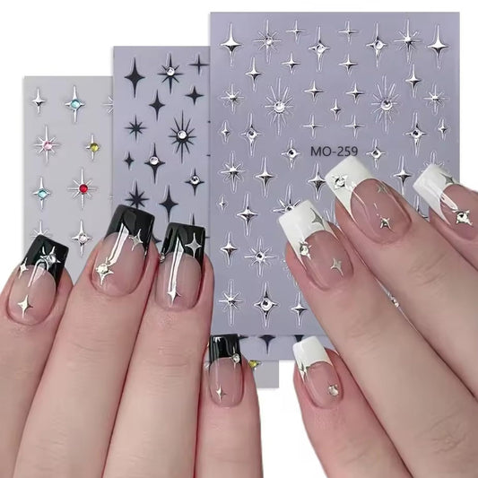 3pcs Diamond Star Nail Stickers for Nail Art 3D Glitter Luxury Nail Decals Stars Nail Art Stickers Black Silver Star Crystal Nail Design Shiny Starlight Drill Adhesive Sticker Manicure Decor for Women