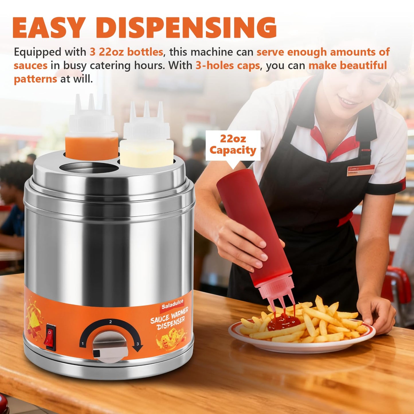 Electric Sauce Warmer Dispenser Commercial Cheese Sauce Bottles Warmer Hot Fudge Warmer Dispenser 3-Bottles Warmer for Cheese Sauce Hot Chocolate Fudge Caramel 86-185℉ 110V