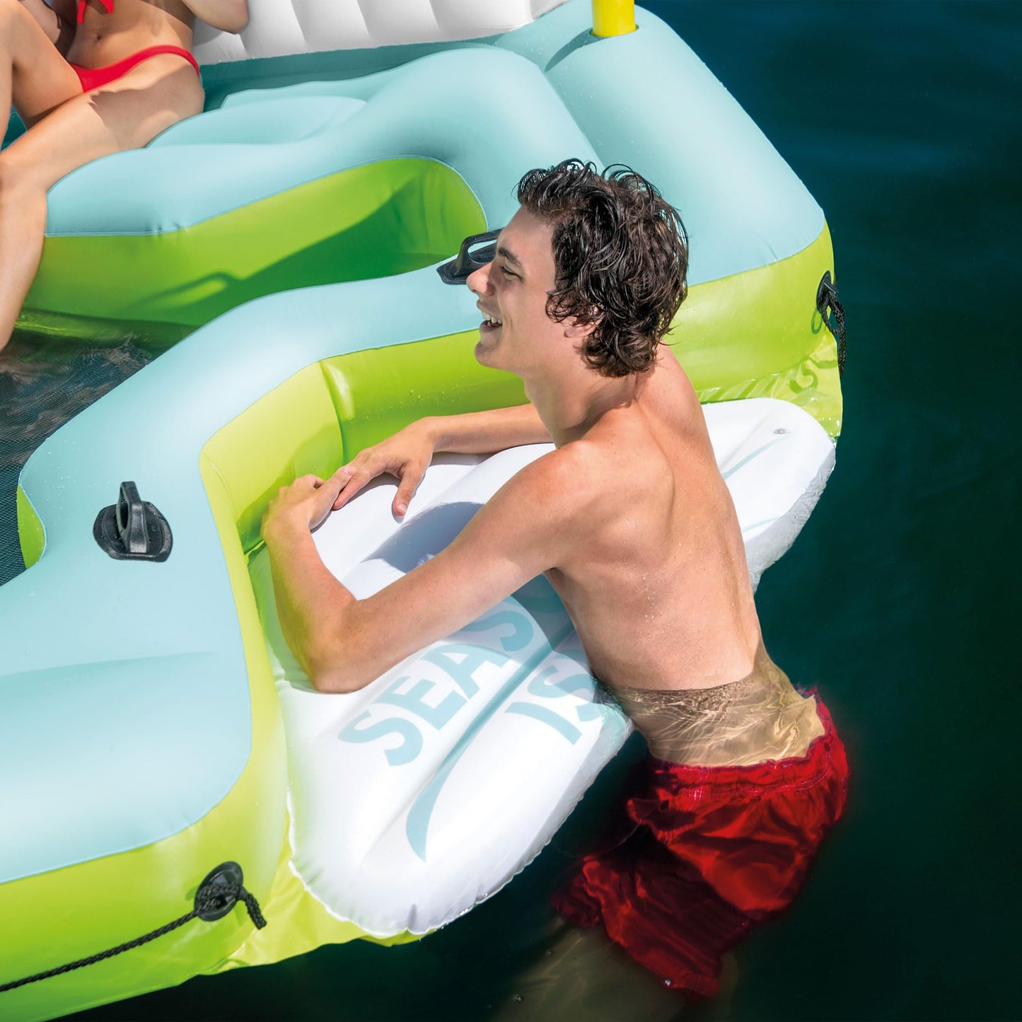 Intex Seascape Inflatable Island Float Ultimate Water Hangout Lounge with Built In Cooler Area, Cup Holder, and Oversized Backrests for Adults