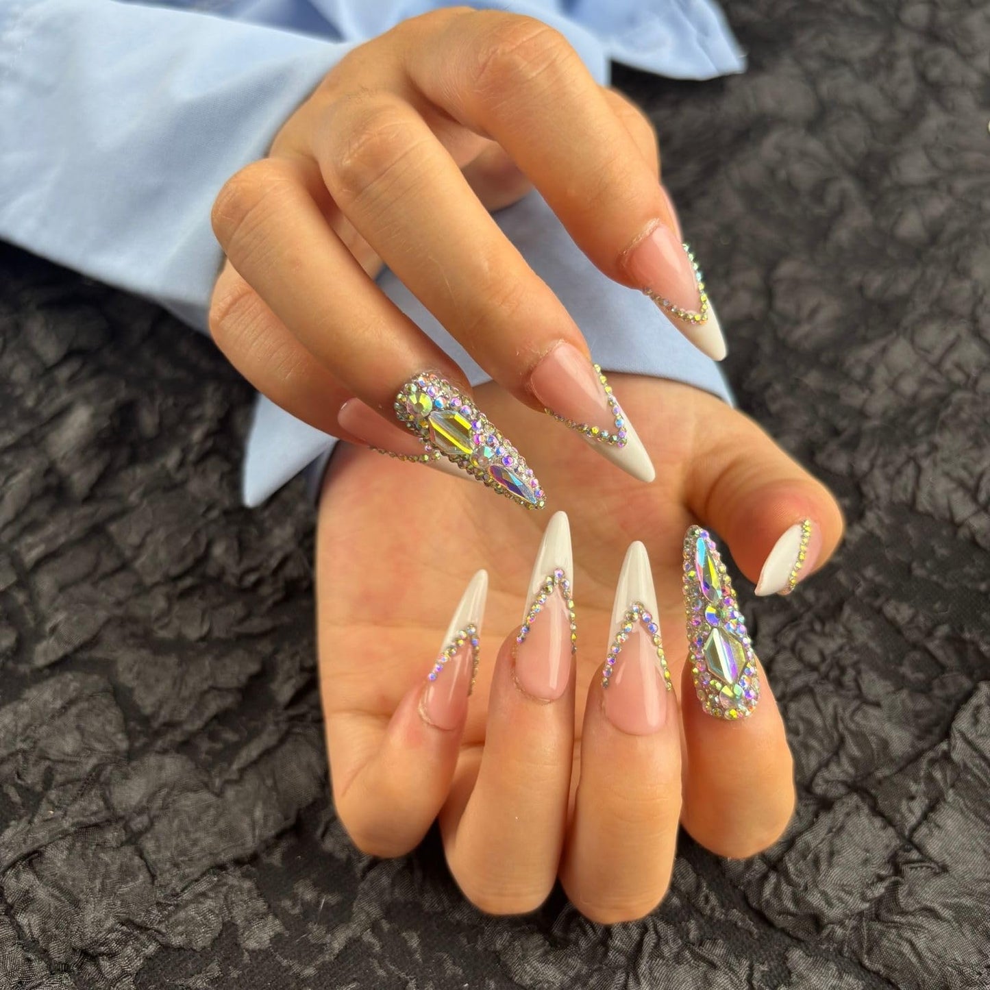 Yabonica French Tip Press On Nails Long Stiletto,10 Pcs Handmade Acrylic Fake Nails Press Ons Salon Design Stick On Nails,Luxury UV Gel Glue On False Nails with 3D Rhinestone (Middle Size)