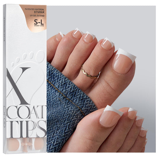 BTArtboxnails XCOATTIPS Toe Nail Tips - Lamp-Curable Sharp Square Nude Press On Toenails for Women, 150 Soak Off French Tip Toe Nail Extensions in 15 Sizes, Builder Gel & Top Coat Required