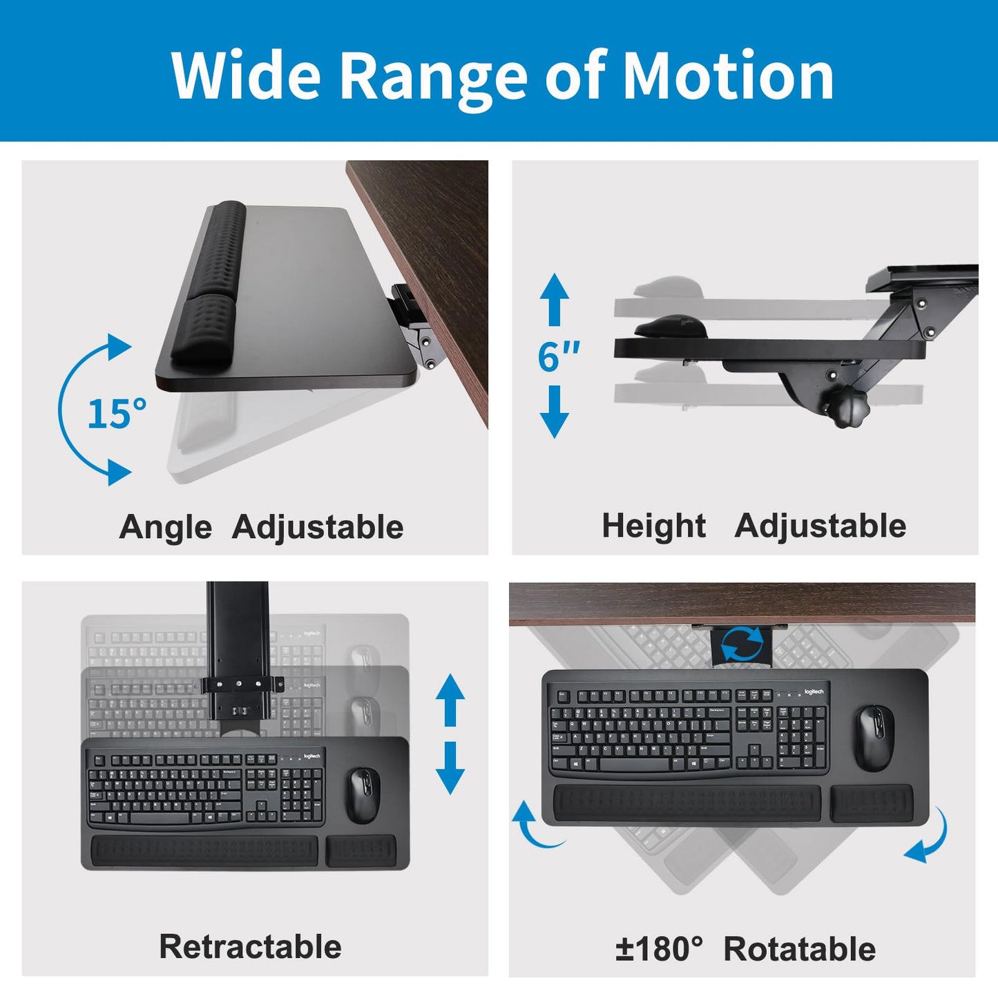 Cartmay Keyboard Tray Under Desk,25x9.84'' Large Slide Out Swivel Tilt Computer Keyboard Drawer for Home Gaming Office Desk, Dual Mount,Black