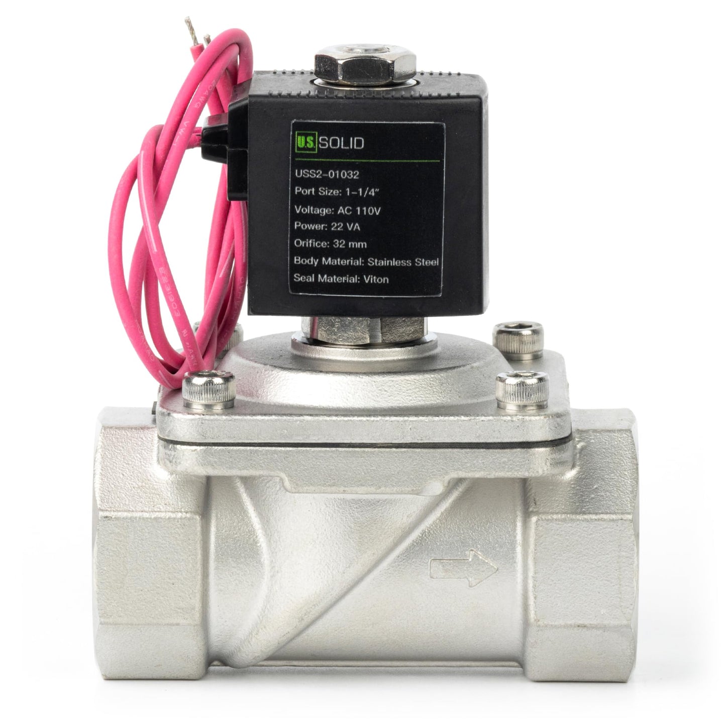 U.S. Solid 1-1/4" Stainless Steel Solenoid Valve - 110V AC Normally Closed Electric Solenoid Valve with Viton Seal, Lead Wire Type