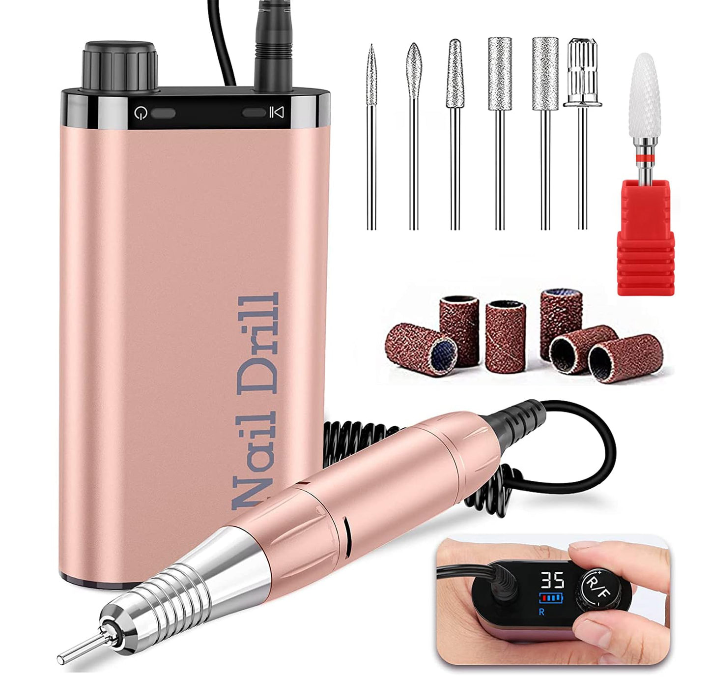 Electric Nail Drill Machine Portable Rechargeable 35000RPM Nail Drill for Acrylic Gel Nails, Manicure Pedicure Polishing Shape Tools for Home and Salon Use,Grey (Rose Gold)