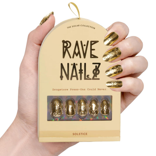 Rave Nailz Solstice Gilded Relic Press on Nails (24 Count) | Gold Foil 3d False Oval Press on Nail Egyptian-Inspired Short Metallic | Chip-Resistant Holiday Nails with Glue, File, Long-Lasting 2+week