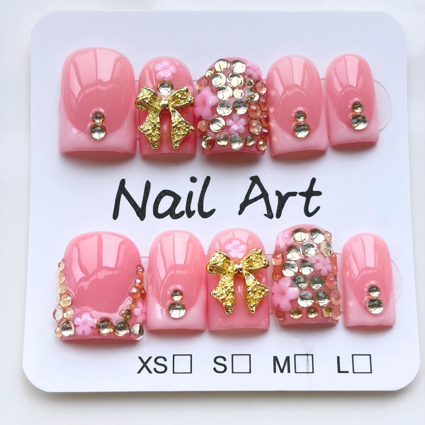 Threelegscat Short Handmade Square Pink Press on Nails Acrylic French Salon Quality Fake Nails 10 PCS with Pink 3D Gold Bow & Rhinestone Size M for Women & Girl,Daily Wear,Gift