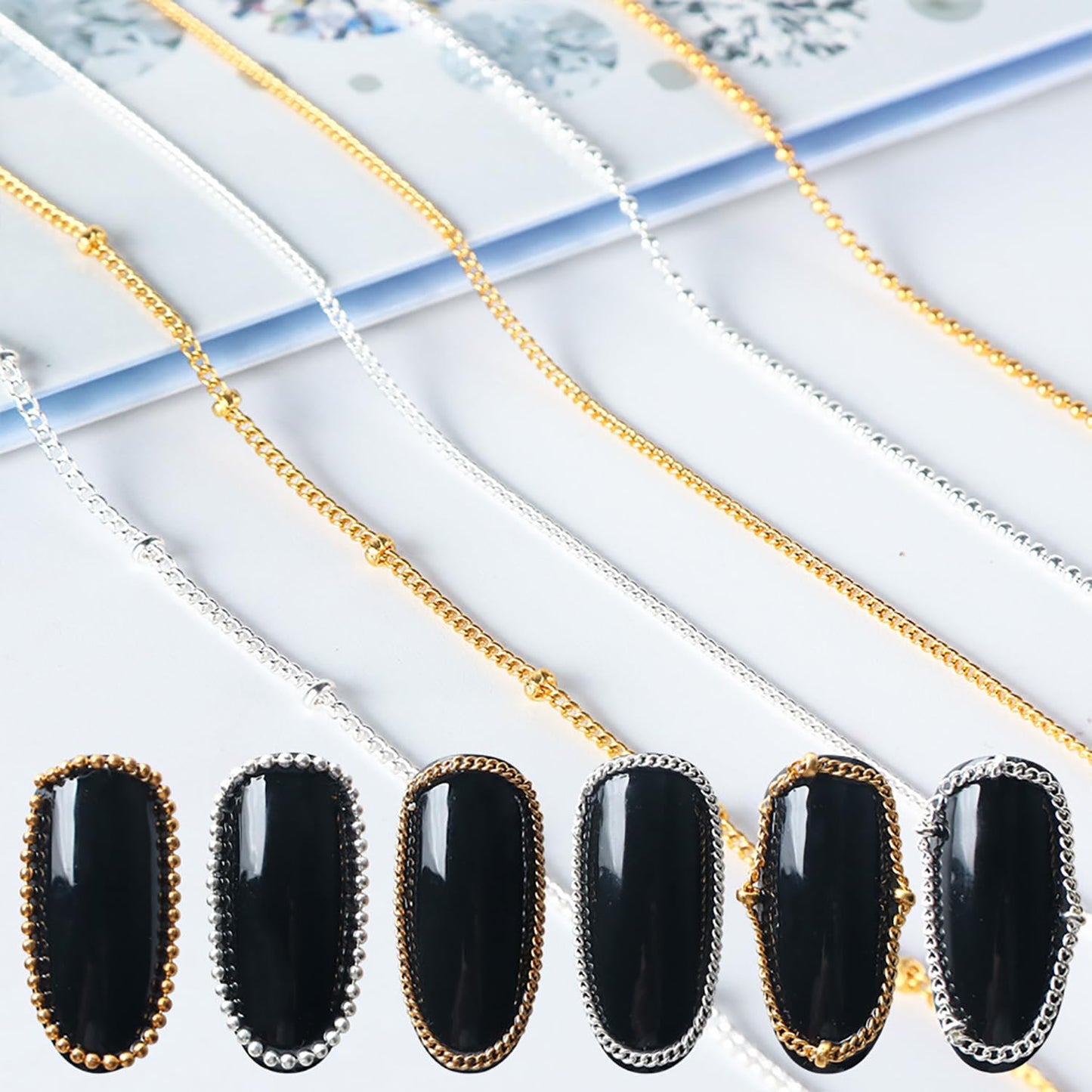 JERCLITY 4 Packs of 24 Strips Nail Chains for Nail Art Gold Silver Alloy Metal Nail Art Chains Gold Nail Charms Punk Nail Studs Jewelry Accessories for Women Nail Art