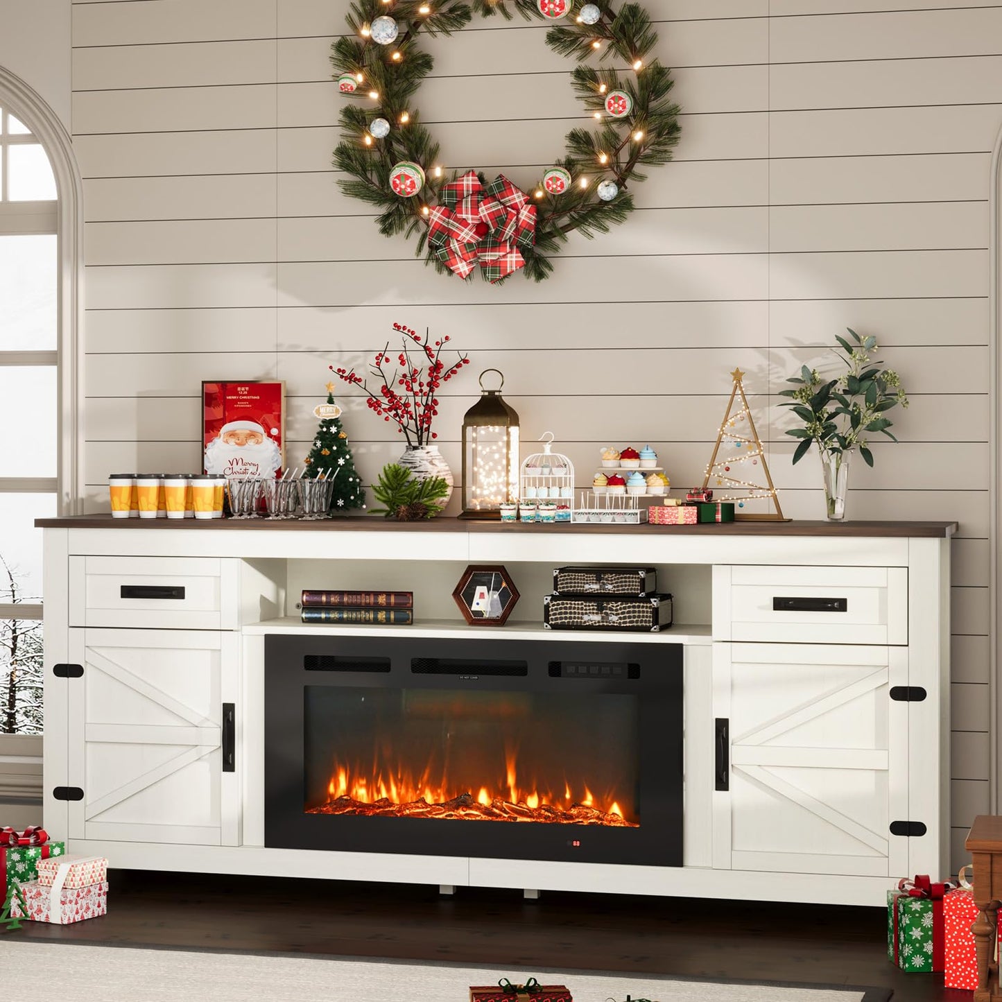Nordivale Fireplace TV Stand with Barn Door for TVs up to 90", Farmhouse 80" Fireplace Entertainment Center with Storage Cabinets, White TV Stand and Black Fireplace