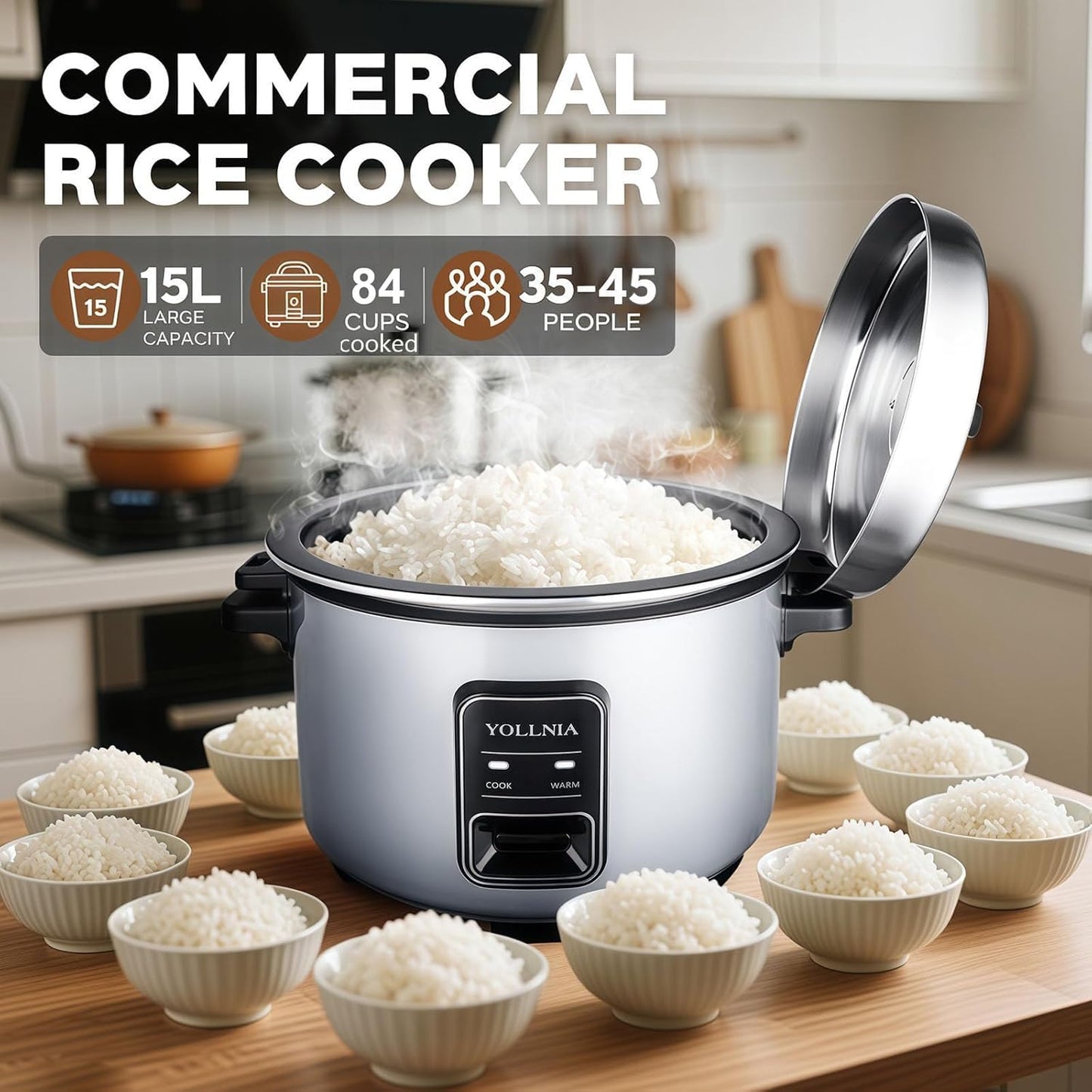 15L Commercial Rice Cooker 84 cup(Cooked) Large Rice Cooker | 24-hour Keep Warm| One Touch Operation, Food Warmer with nonstick pot |1350W Fast Cooking Electric Rice Cooker for Restaurant
