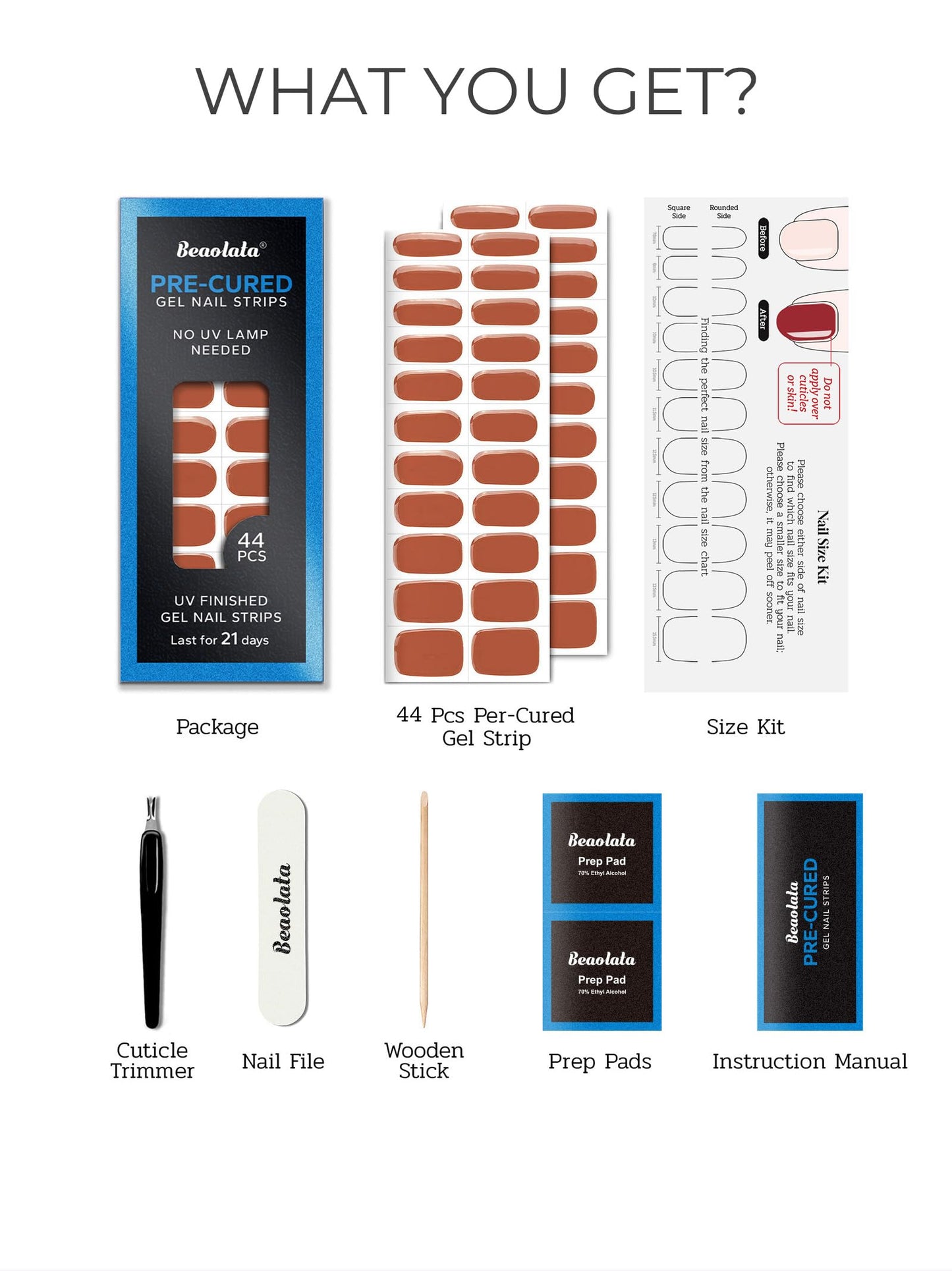 Beaolata Real Gel Nail Strips (No UV Light Needed) - 44Pcs Salon Quality Nail Stickers - Long Lasting Polish Wraps for Women, Easy Apply & Remove (Warm Cocoa Brown)