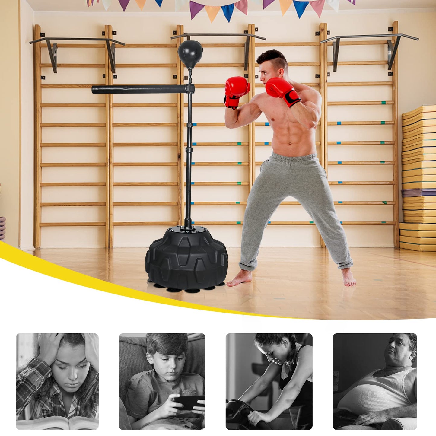 Solid Reflex Bag Boxing Speed Trainer Punching Bag Spinning Bar, Training Boxing Ball with Reflex Bar Free Standing, 45-80in Adjustable Height, for Adult