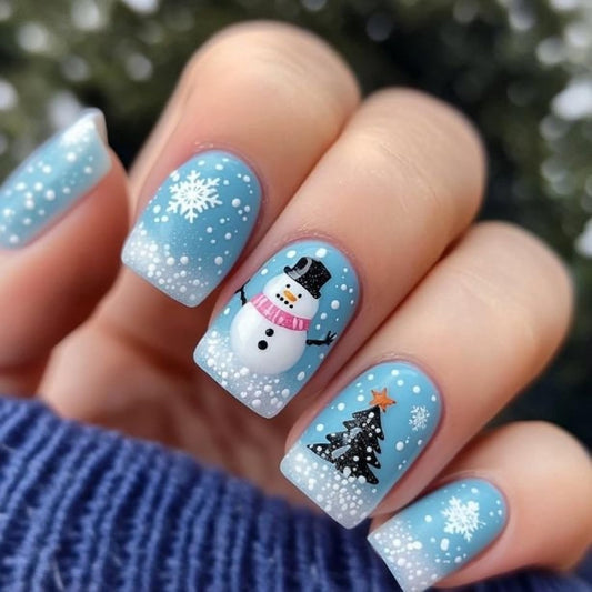 Christmas Press on Nails Winter Cute Snowman Snowflake Christmas Tree Fake Nails Designs Short Square False Nails Women Blue Christmas Glue on Nails Full Cover Reusable Glossy Holiday 24 Pcs