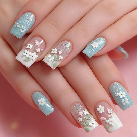 Press on Nails Medium Square Fake Nails with Green Leaves White Flower Glitter Designs Glossy Nails Press ons Pink Blue Glue on Nails Summer Acrylic Artificial Stick on Nails for Women 24Pcs