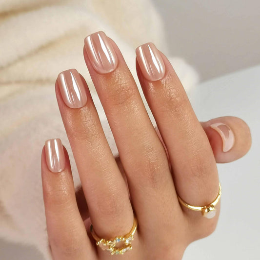 Nude Chrome Press on Nails Square - SHANGMENG Soft Gel Short Press on Nails for Women Gift, Fit Perfectly & Natural Glue on Nails in16 Sizes - 32 Reusable Fake Nails with Glue, Aurora Nude