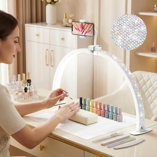 LIONVISON Half Moon Light for Desk: 29" Foldable Nail Light for Desk with Phone Holder - 3000K-6500K 3 Color Modes 10 Brightness for Salon Nail Technicians & Home DIY Manicure Enthusiasts (Diamond)
