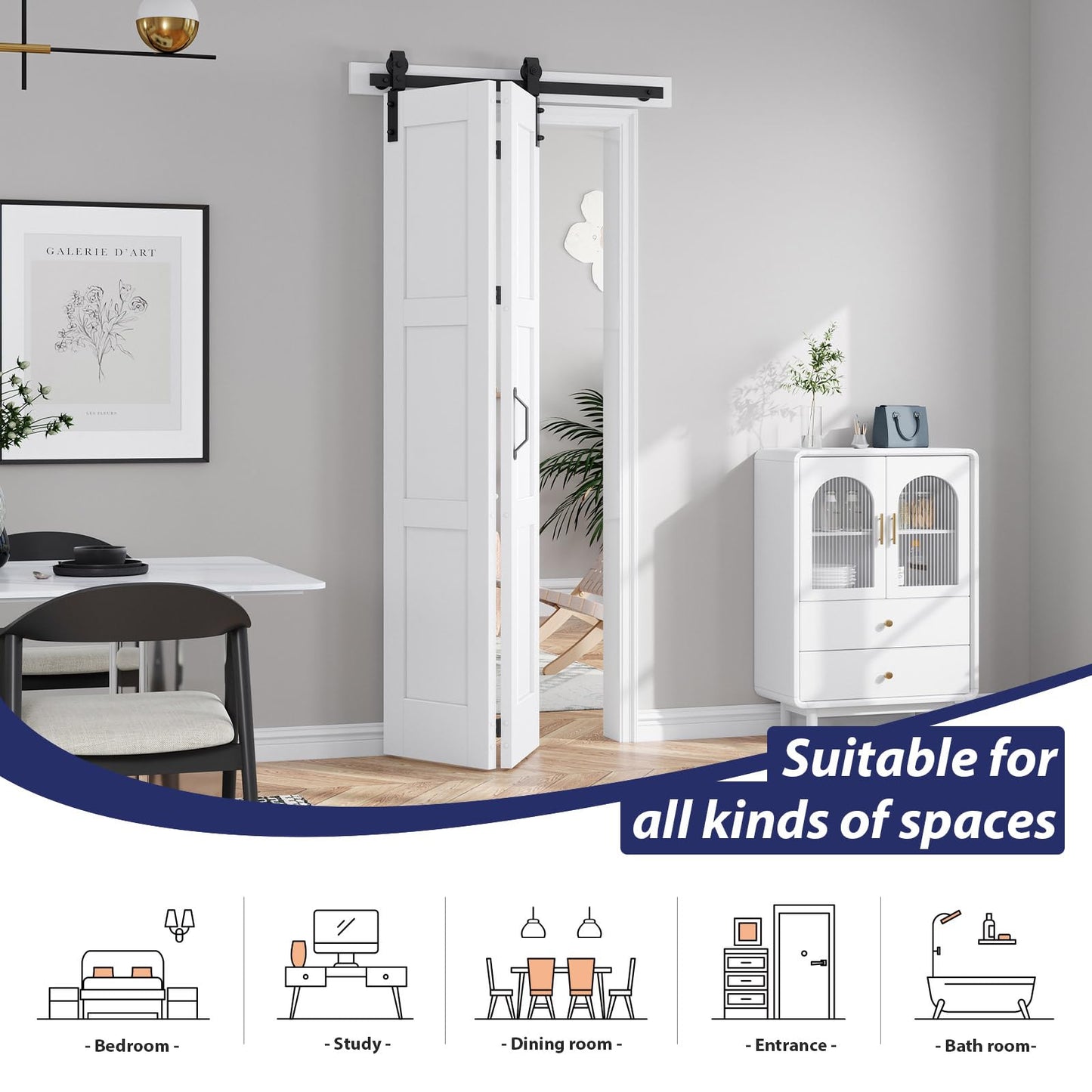 FREDBECK 36X84 Bifold Barn Door White with Hardware, Water-Proof PVC Surface,Assembly Required