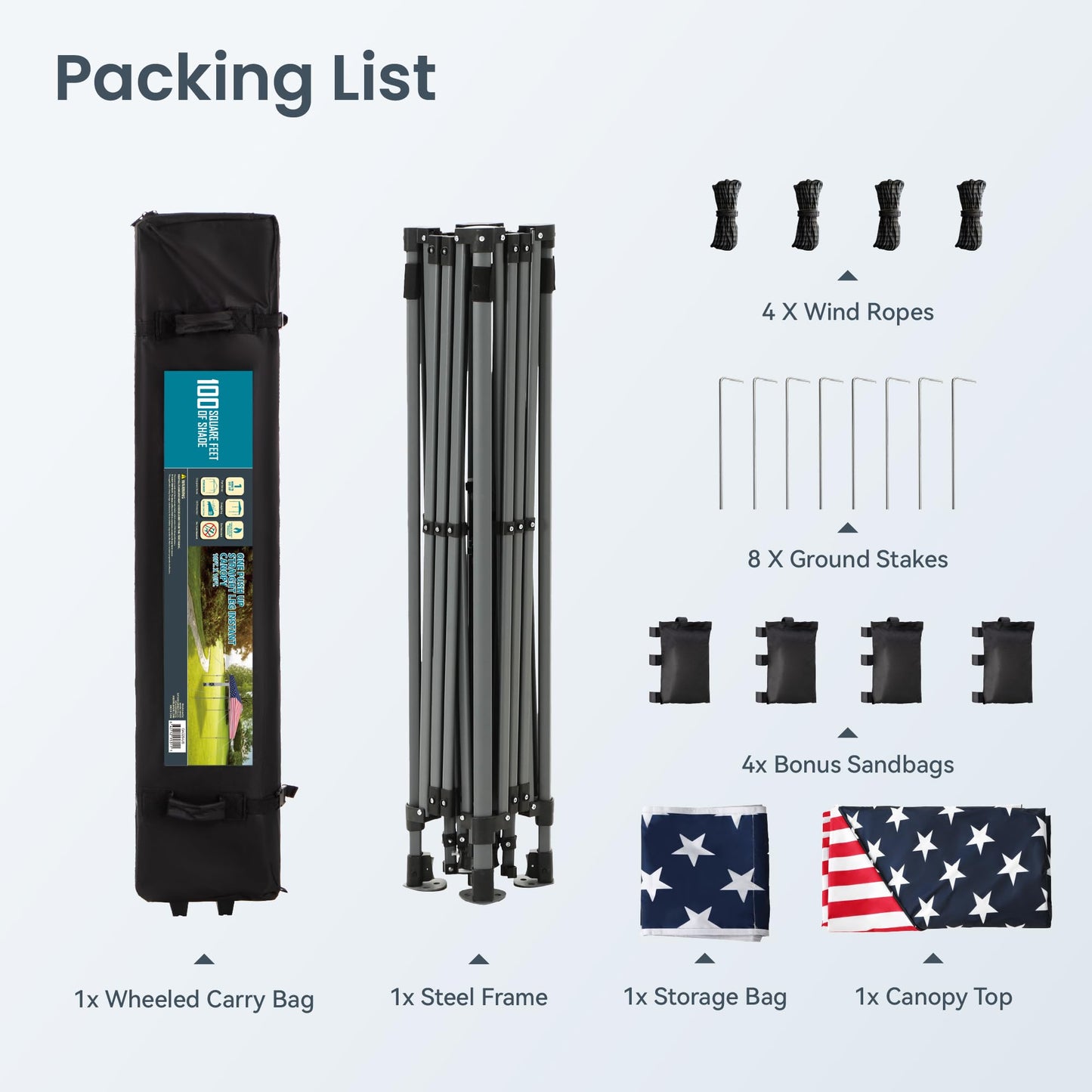 PHI VILLA 10x10 Pop Up Canopy Tent - One Push Setup, Instant Shade Tent with Vented Roof for Beach & Events - Includes Storage Bag, Sandbags, Stakes & Ropes (American Flag)