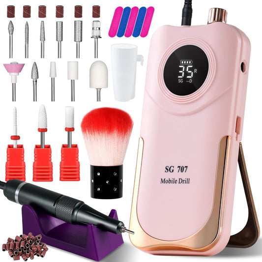 Moskany Professional Electric Nail Drill Kit 35000RPM with 14PCS Bits Pink Portable Rechargeable Cordless File Machine for Acrylic Gel Powder Nails and Manicure Pedicure Toenail Tool Salon Set