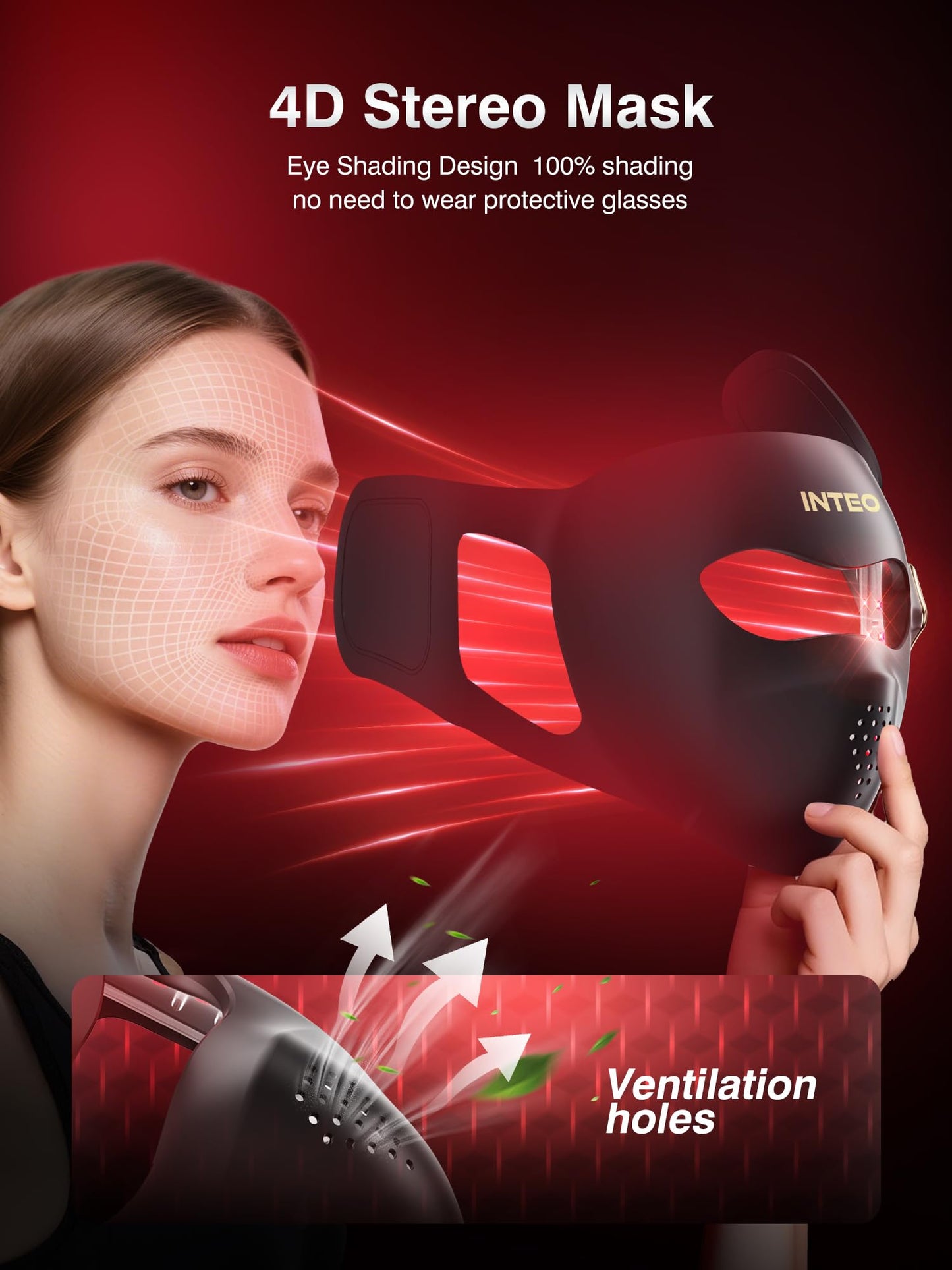 Red Light Therapy for Face，4D Red Light Therapy Mask with 4 Color Light Modes (Red+Infrared/Red/Blue/Orange), 850NM Infrared LED Face Mask Light Therapy with 4000mAh Rechargeable Remote, Timer