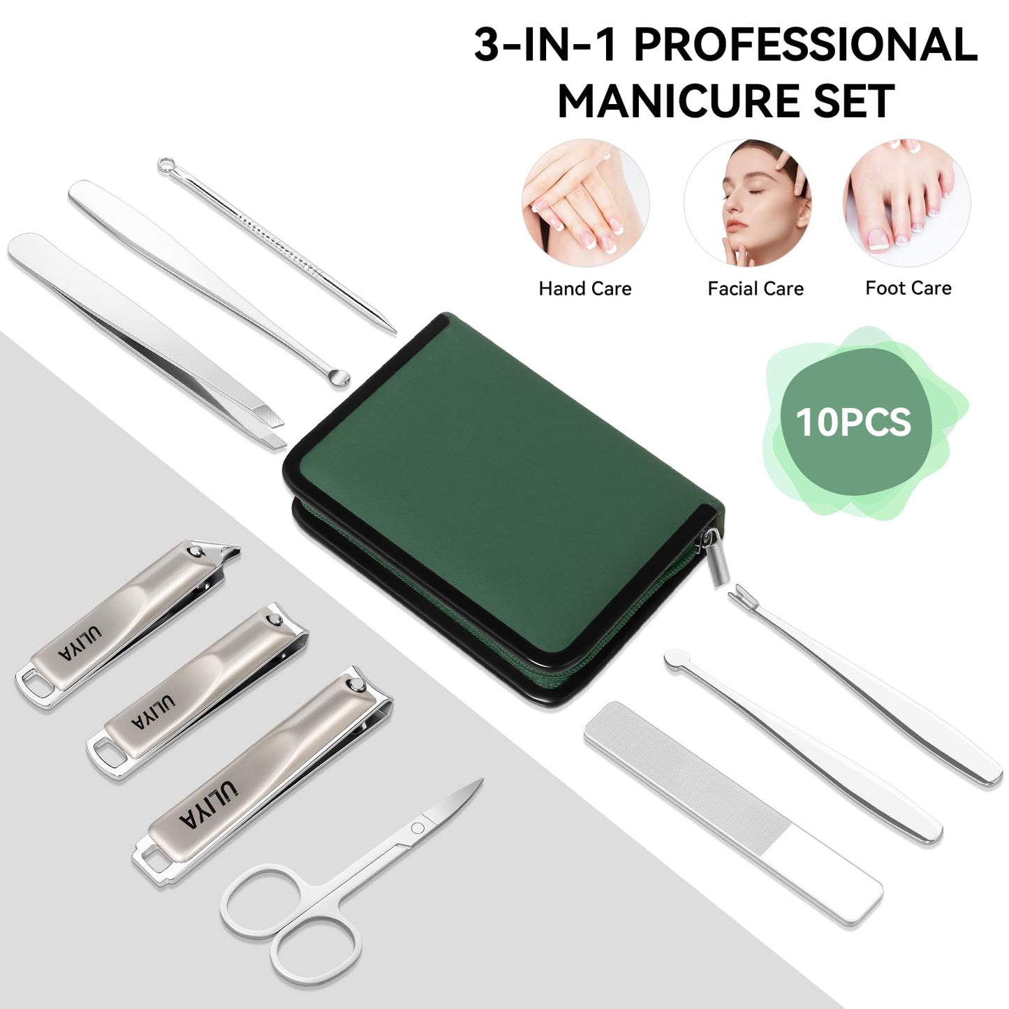 2026 Manicure Pedicure Set 10 in 1, Stainless Steel Nail Clipper Kit, Nail Trimmer Grooming Kit for Men Women, Professional Nail Care Tools with Green PU Leather Travel Case for Home & Travel