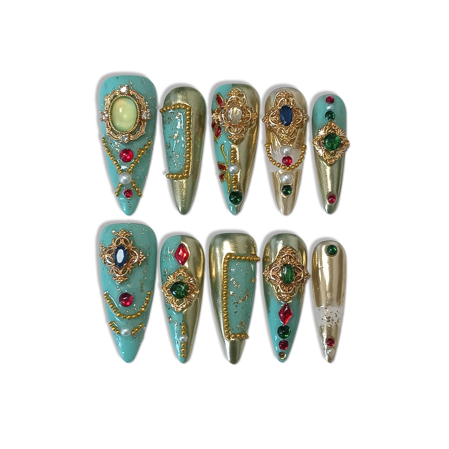 TENPAL Handmade Palatial Press On Nails Long Stiletto,Heirloom Chrysoberyl & Ruby Inlaid Artisan Cameo Designs,Reusable Wedding Fake Nails for Bride 10Pcs with Tools Kit(XS)