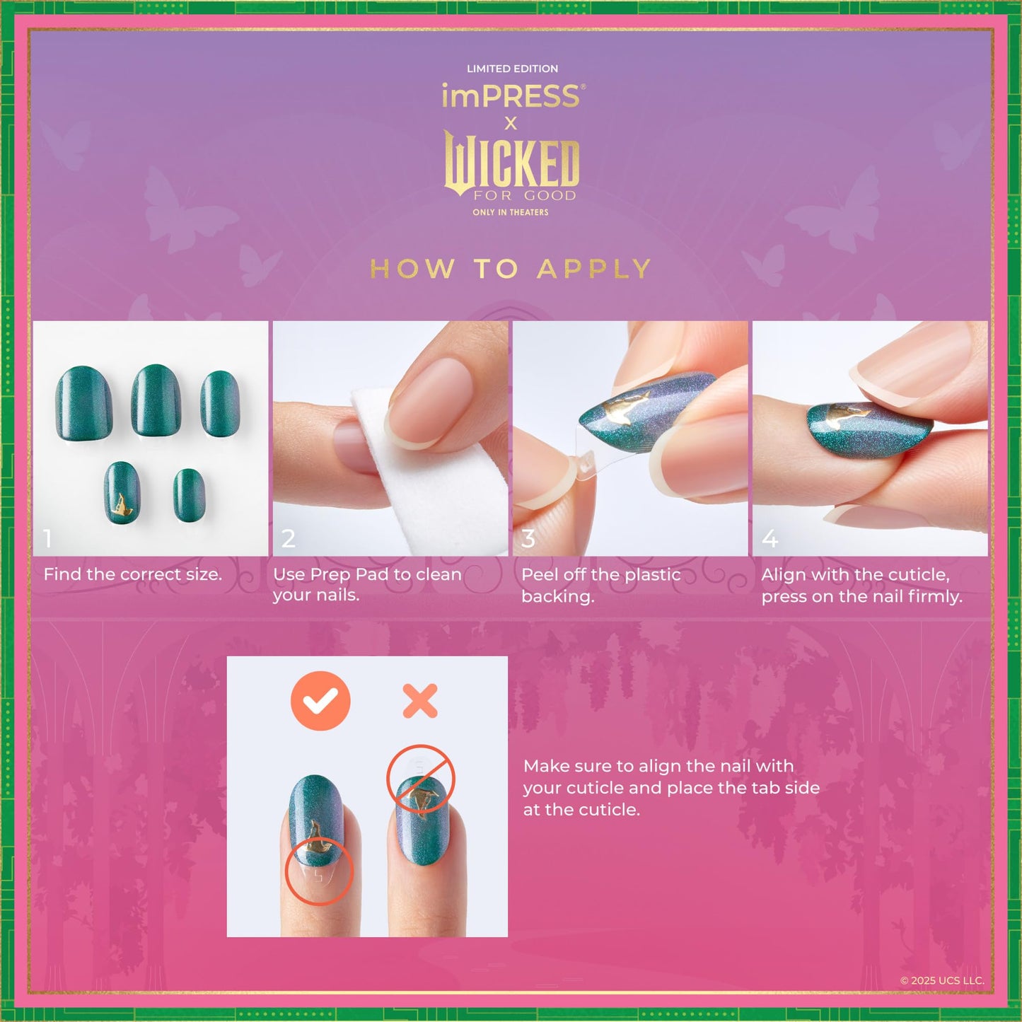 Impress X WICKED: FOR GOOD Press On Nails, ‘Unleash Your Magic’, Green, Medium Coffin, New Improved Adhesive, Up To 10 Day Hold, Includes 30 Fake Nails, 1 Prep Pad, 1 Manicure Stick, 1 Mini File