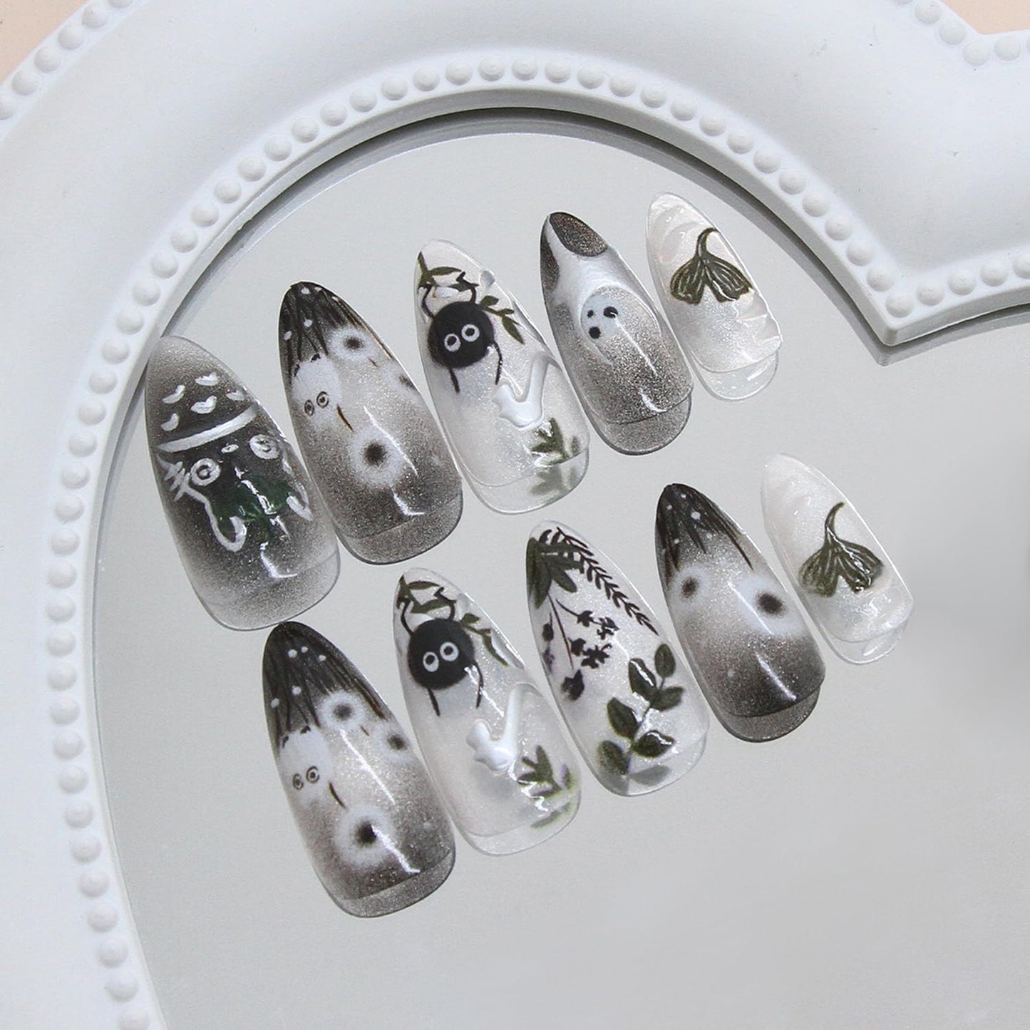24Pcs Dark Press on Nails Medium Almond French Fake Nails Cute Pattern Design Full Cover Artificial Glue on Nails Almond Shape Acrylic Nails Cute Stick on Nails False Nails for Women DIY Tips