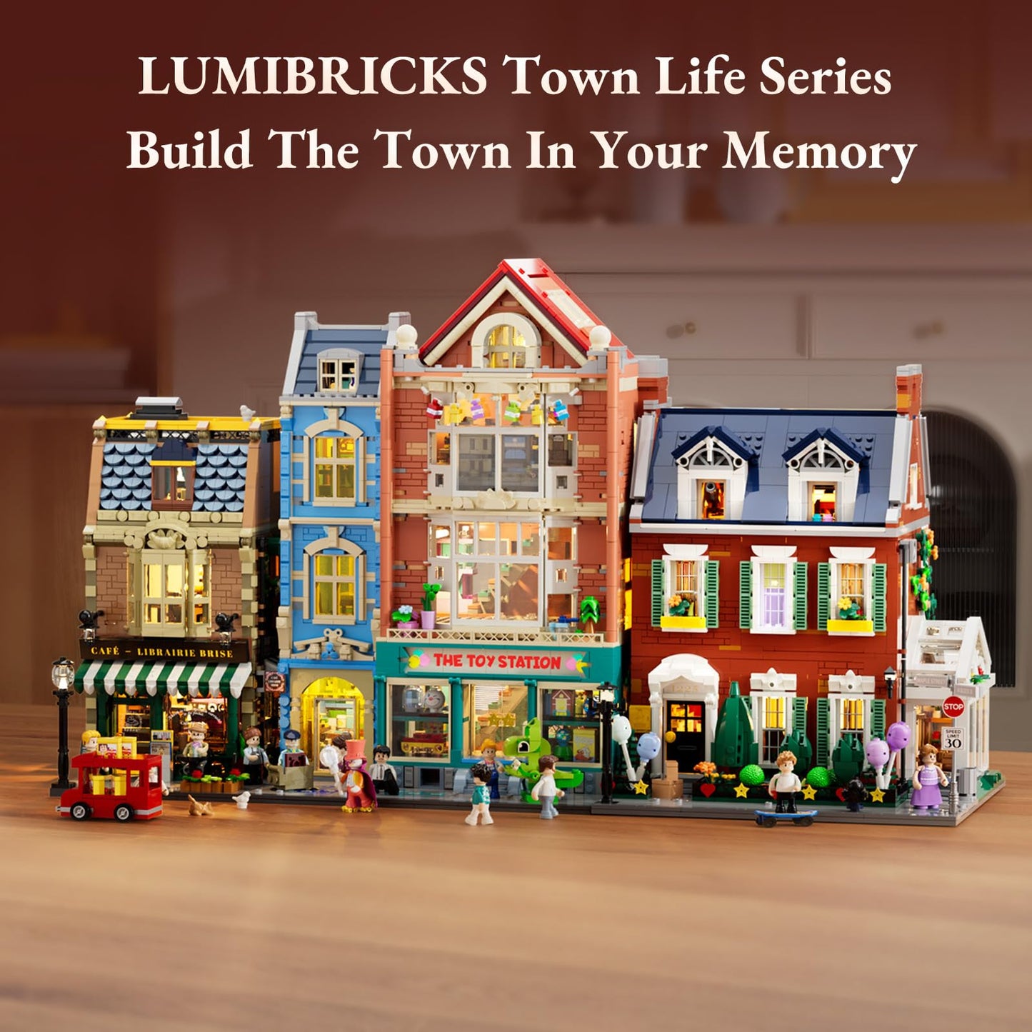 LUMIBRICKS Redbrick Row House Lighting Building Bricks Set - City Town LED Light Modular Construction Model Collection Display Kit with Minifigures 2663 Pcs for Adults & Teens
