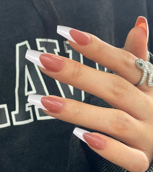 Morily Pink White French Tip Press on Nails - 30Pcs Thicker Fake Nails with Design, Full Cover Long Coffin False Nails Reusable Acrylic Stick on Nails in 15 Sizes, Include Glass File