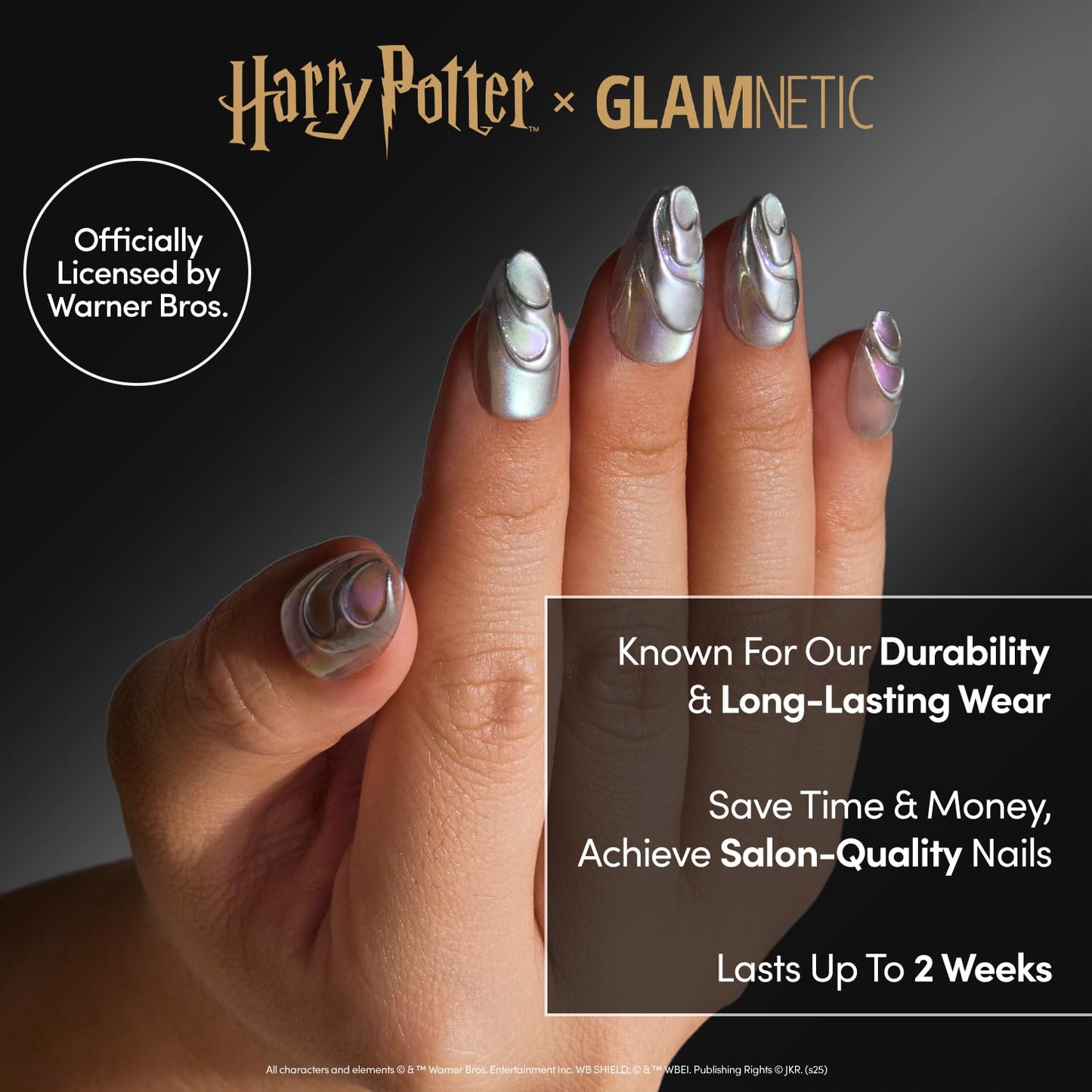 Harry Potter™ x Glamnetic Press-On Nails Bundle - Unicorn Blood & Caviar | Short Almond Fake Nails with Silver Chrome & 3D Swirl Design, Officially Licensed | Short Almond Black French Tip False Nails