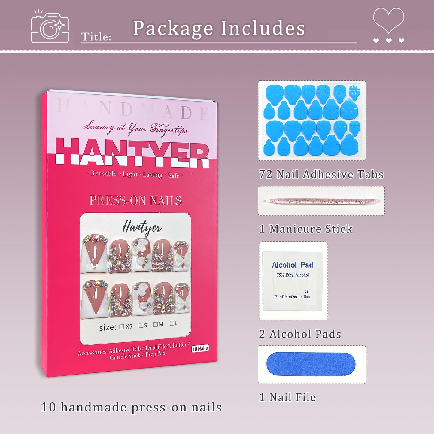 Hantyer 10pcs Press on Nails with Tools Kit, Short Duckbill Glossy White French Tips, Crystal Rhinestones & 3D Floral Designs, Icy Shimmer Finished Salon Nails, Reusable for Special Events (Size M)
