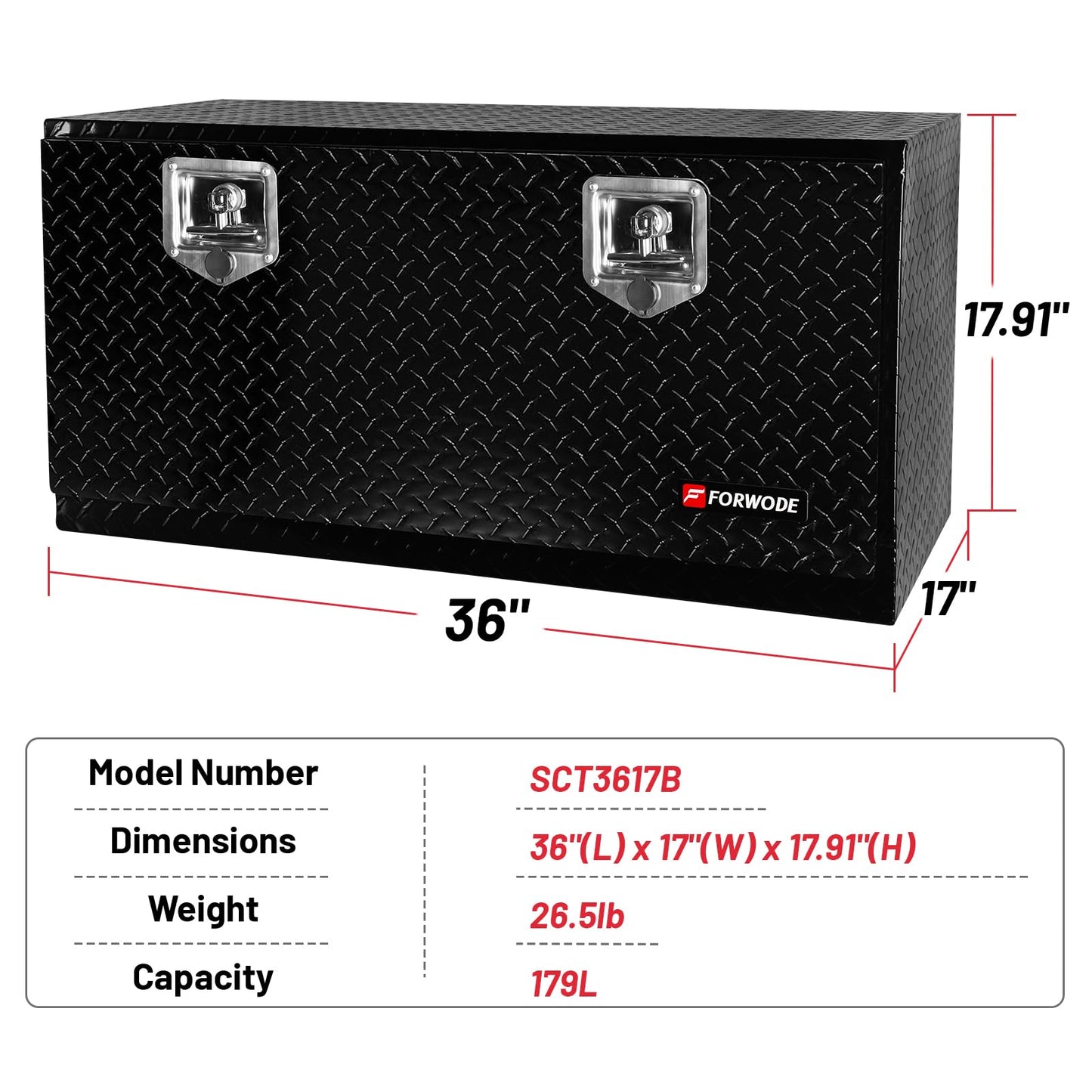 FORWODE 36 Inch Underbody Truck Tool Box Aluminum Heavy Duty Trailer Tool Box for Pickup Truck Bed, RV Toolbox - Black