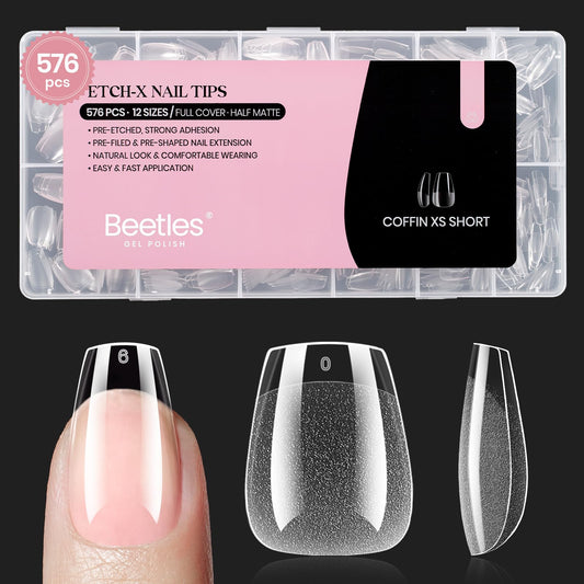 Beetles Gel Nail Tips Extra Short Coffin 576Pcs 12 Sizes - Pre-Etched Shaped Half Matte Soft Nail Tips Press On Nails Full Cover False Nails Acrylic Fake Nail Extension Kit Gift for Women