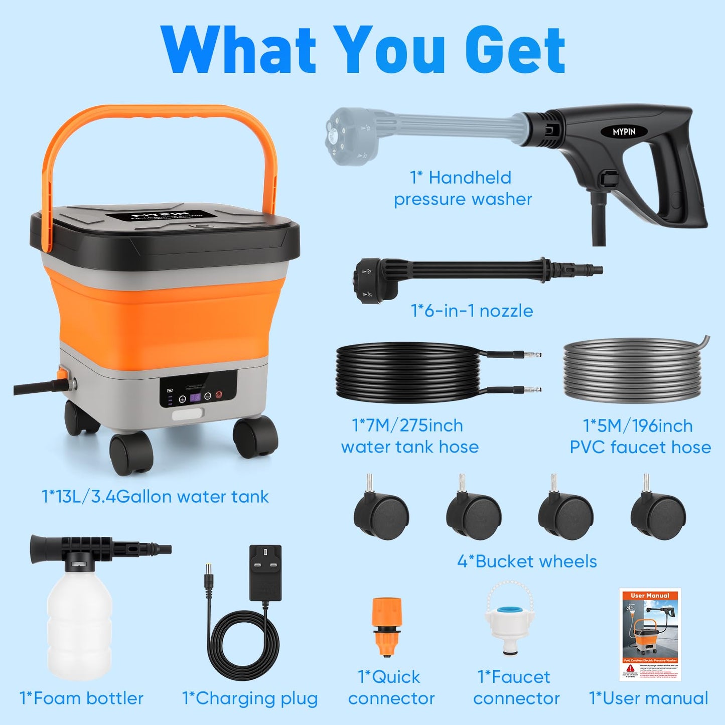 660PSI Portable Cordless Pressure Washer with Folding 3.4Gal Tank, 6-in-1 Nozzle, 7 Adjustable Pressure Levels, 7M Hose, Portable Sprayer with Wheels for Car Floor Wall Fence Cleaning (Orange)