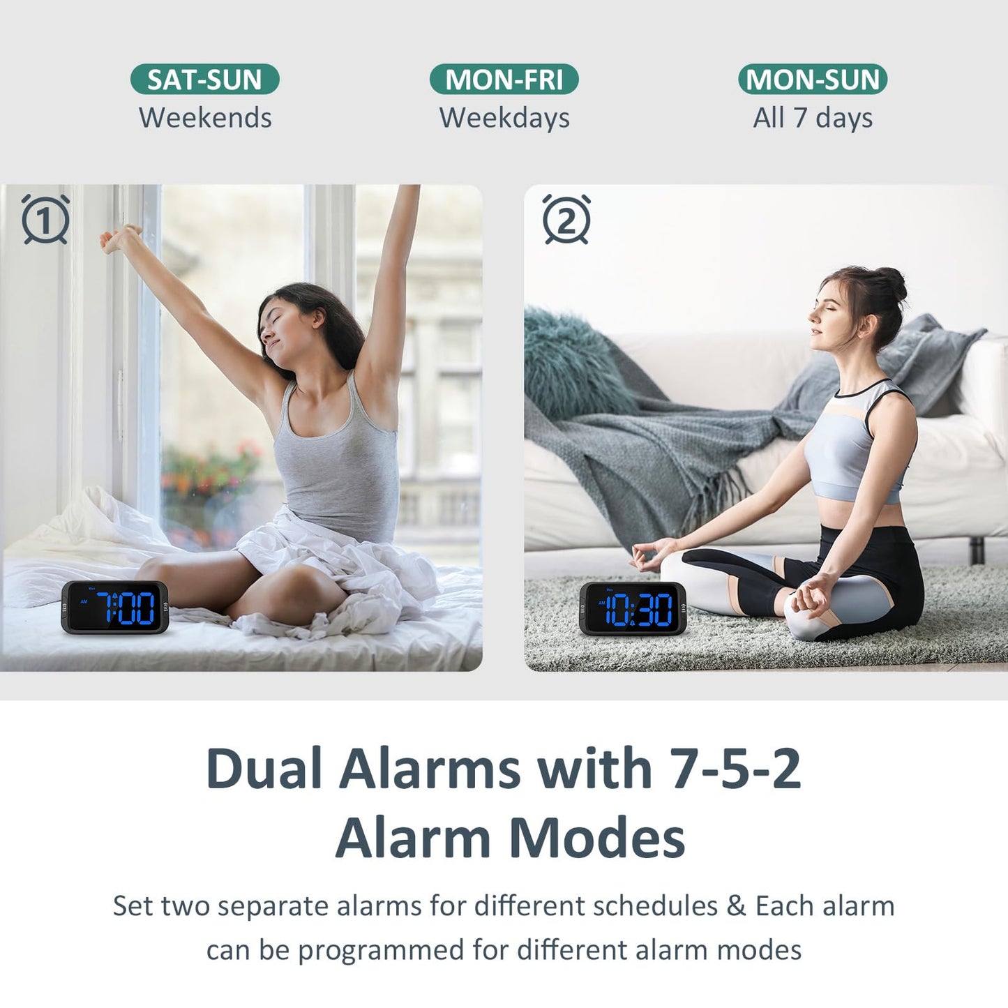 Odokee Digital Dual Alarm Clock for Bedroom, Easy to Set, 0-100% Dimmer, USB Charger, 5 Sounds Adjustable Volume, Weekday/Weekend Mode, Snooze, 12/24Hr, Battery Backup, Compact for Bedside(Blue)