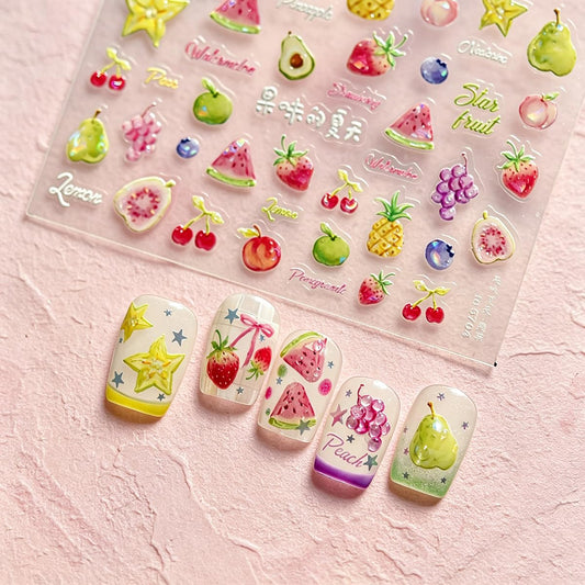 5D Embossed Nail Stickers Fruit Nail Decals with Design Summer Theme Nail Art Stickers Cute Self-Adhesive Nail Stickers for Nail Art for Women Girls DIY Manicure, 1 Sheet