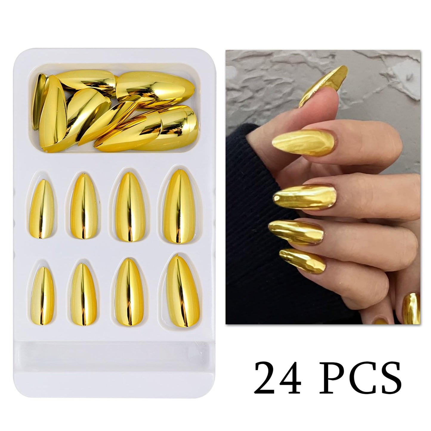 Golden Aurora Chrome Press on Nails Medium Almond Fake Nails Electroplated Chrome False Nails Yellow Luxurious Metal Mirror Acrylic Stick on for Women Girls Manicure Decoration 24Pcs