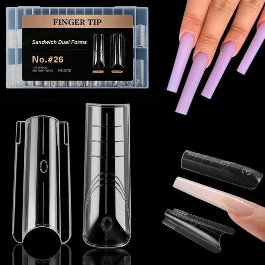 Vnjaoi 280 Pcs Original Sandwich Nails Dual Form with Guide Lines Long Square Nail Mold for Builder Gel Nail Extensions Art Design Salon DIY at Home