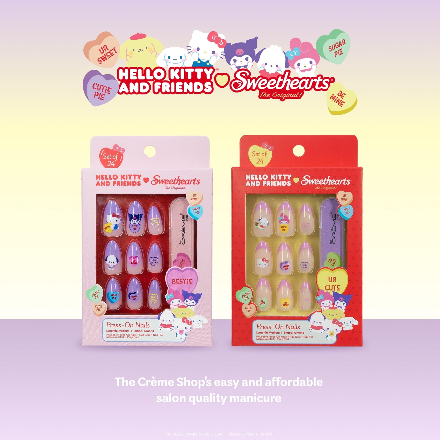 The Crème Shop x Hello Kitty & Friends x Sweethearts Collection Press On Nails, Almond Shape, 28 Nails Kit with Glue and Tools (Bestie)