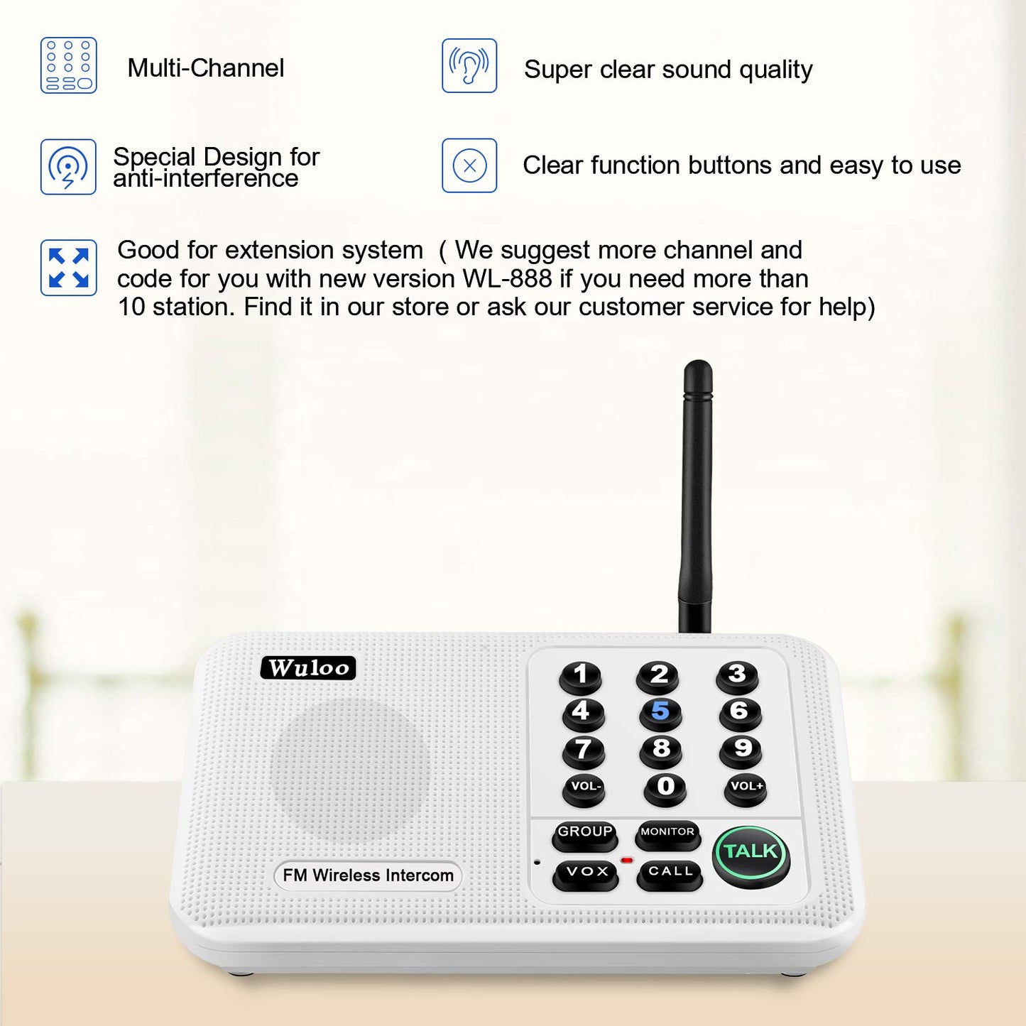Wuloo Intercoms Wireless for Home 5280 Feet Range 10 Channel 3 Code, Wireless Intercom System for Home House Business Office, Room to Room Intercom, Home Communication System (4 Units Set, White)