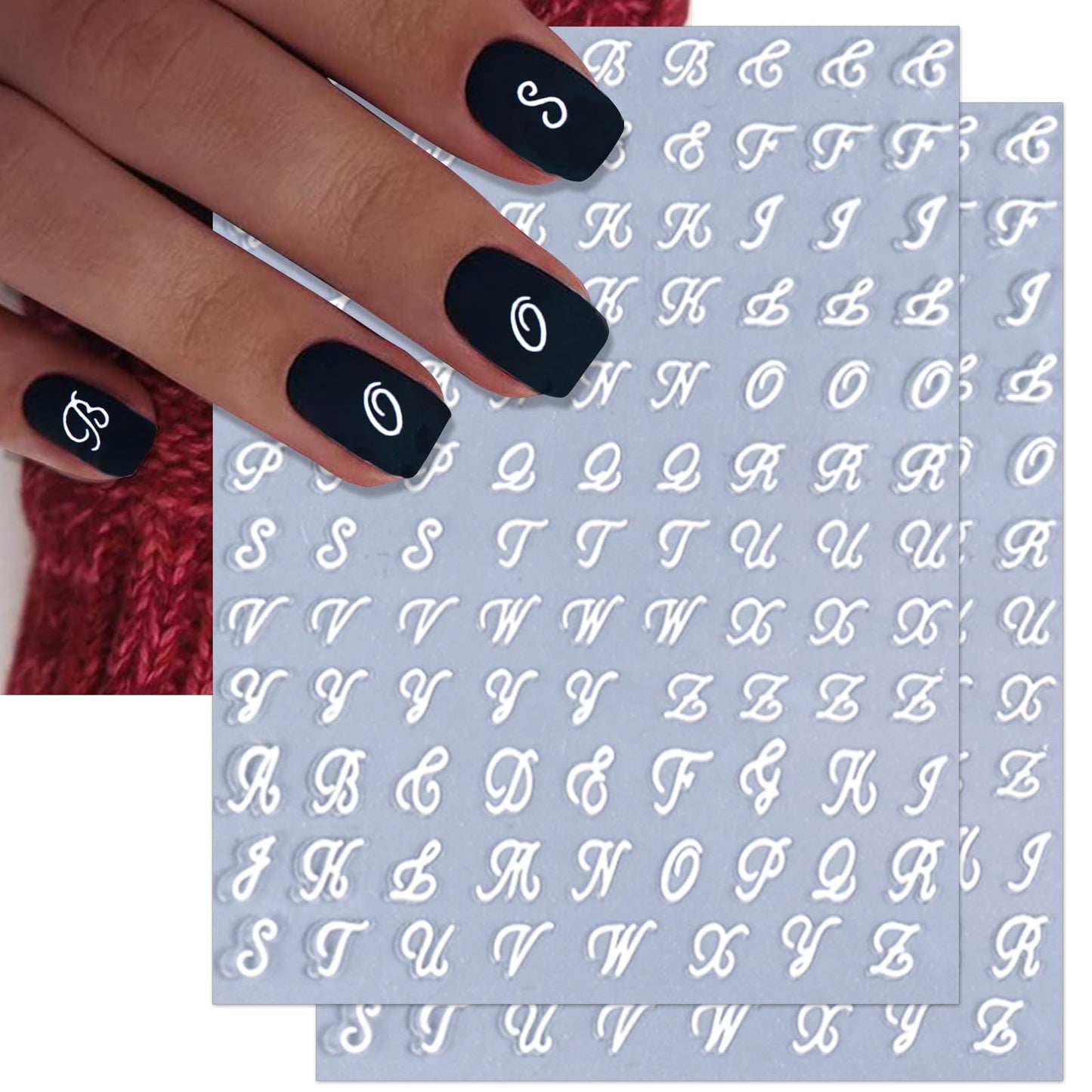 IDDFEVE 10 Sheets Letter Nail Art Stickers - 3D Handwritten Old English Alphabet Nail Decals for DIY Acrylic Manicure Nail Decorations