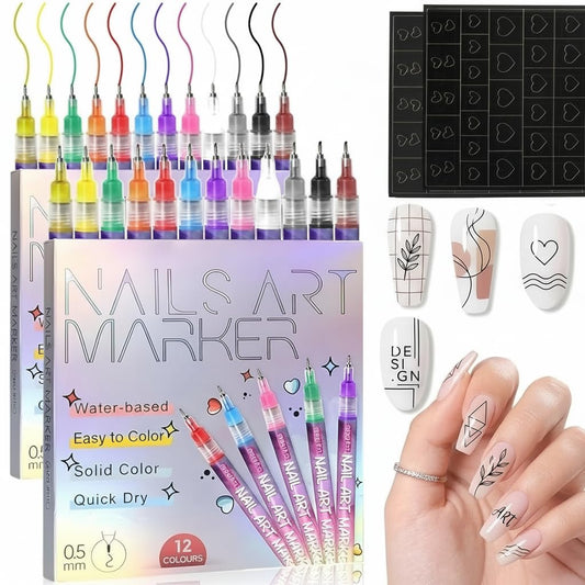 12 Colors Nail Art Pens & Nail Markers Set, 0.5mm Ultra-Fine Tip Acrylic Paint for Nail Painting & DIY Manicure, Water-Based Quick Dry Design Tools, Easy for Everyone, Adorn Manicure Tools(24PCS)