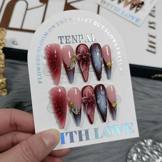 TENPAL Stiletto Press on Nails - Wine Brown Blushing French Fake Nails with 3D Floral Teardrop Design,Glossy False Nails with Tools,Handmade Glamorous Winter Style Glue on Nails for Women Girls(S)