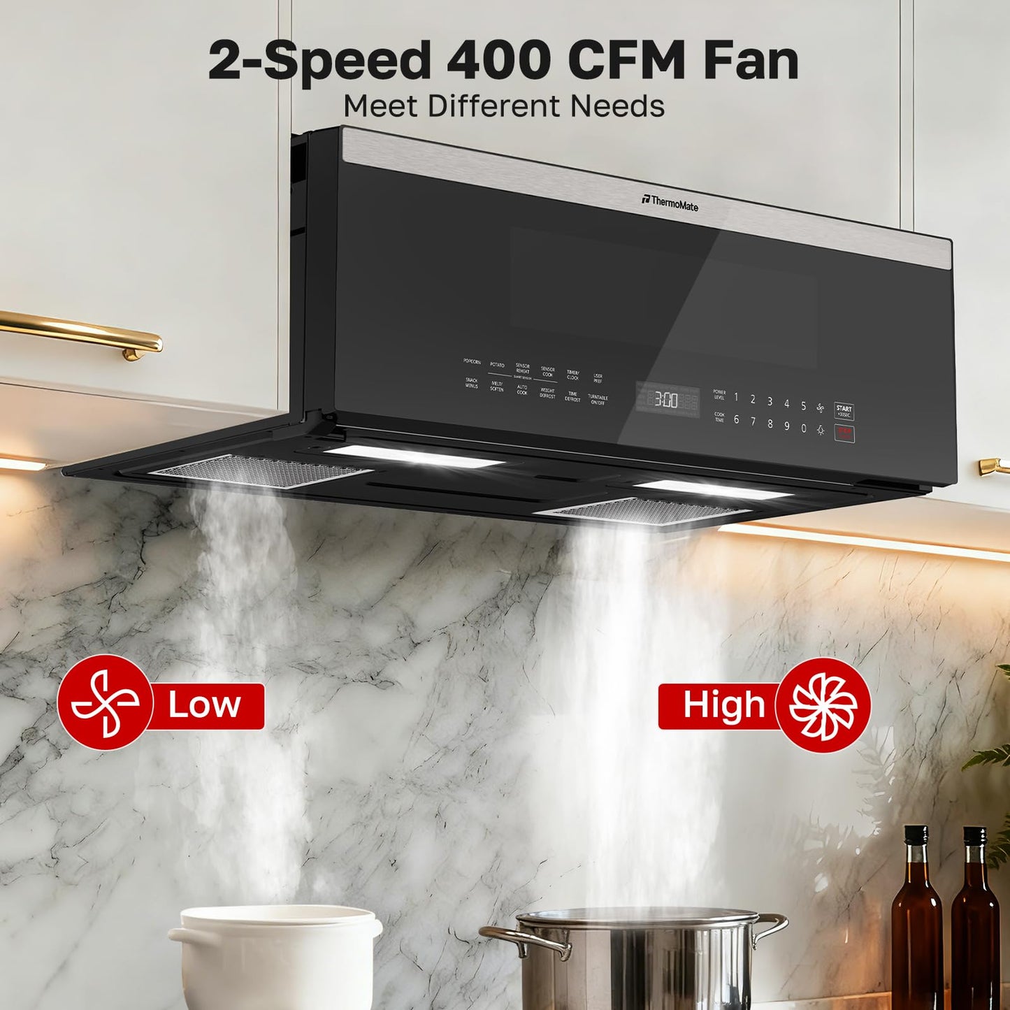 ThermoMate 30" Over the Range Low Profile Microwave Oven with Sensor Cooking, 1.2 Cu.Ft Slim, 1000 Cooking Watts, Voice Control, Multi-Stage Cooking, 400 CFM