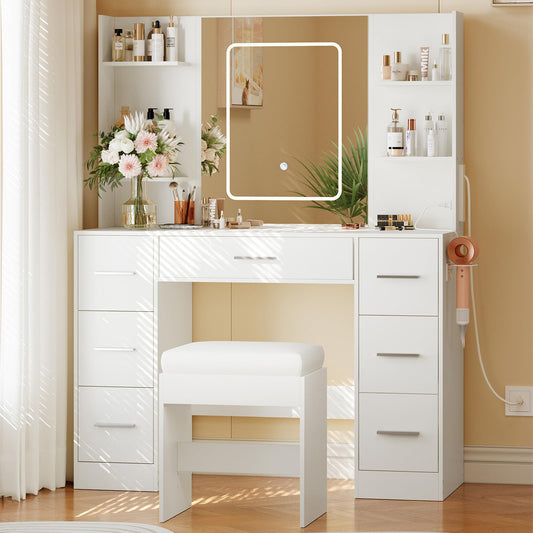 GarveeLife 7-Drawer Vanity Desk with Lights and Mirror – White Makeup Vanity Set with Power Outlets & USB, 3 Color LED Modes & Dimmable, Includes Hair Dryer Holder & Cushioned Stool for Bedroom, White