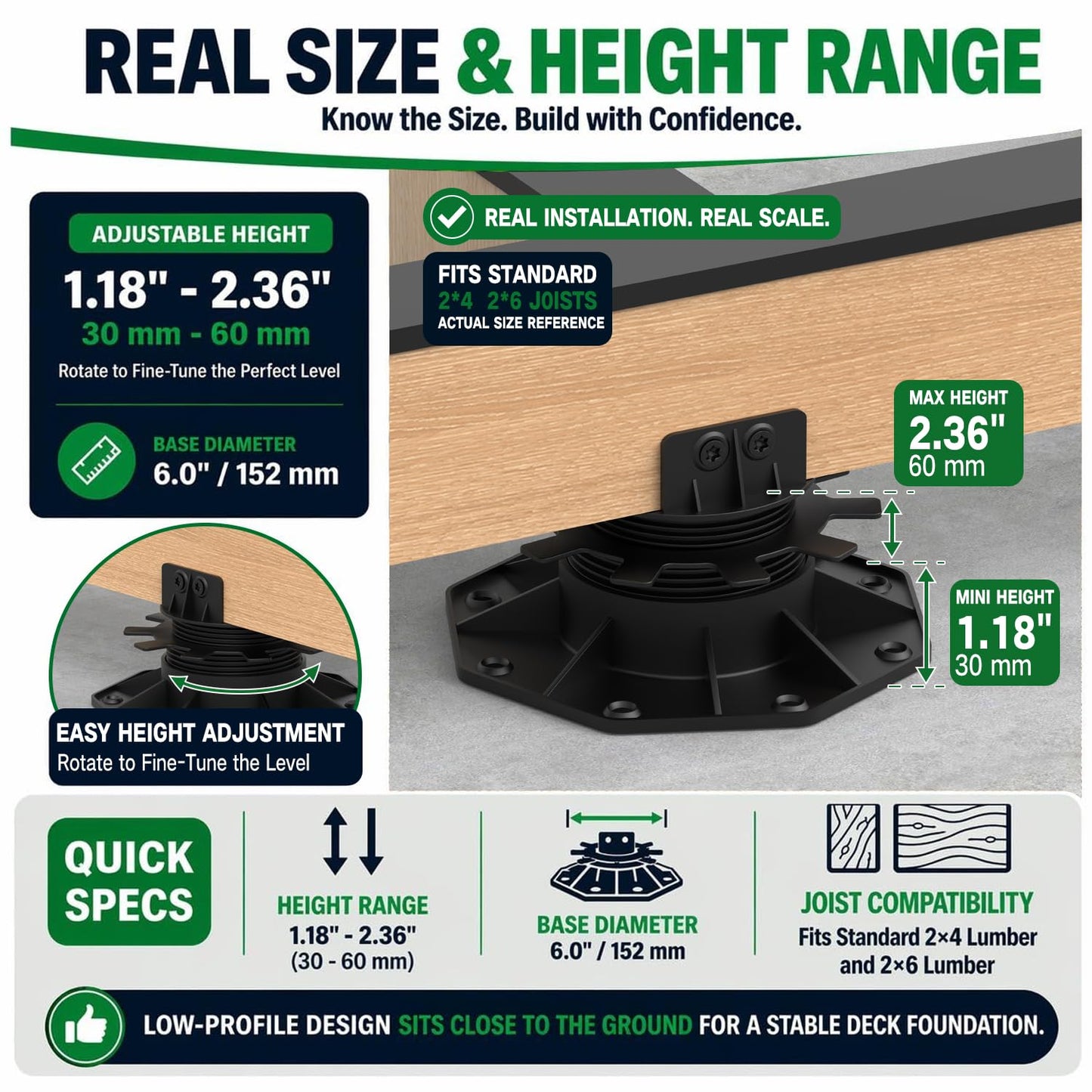 Deckit 12-Pack Adjustable Deck Support Pedestals, 1.18"–2.36" (30–60 mm), for 2×4 & 2×6 Joist Framing, Ground Support & Leveling for Patio, Shed Base & Floating Deck, Includes Joist Tape