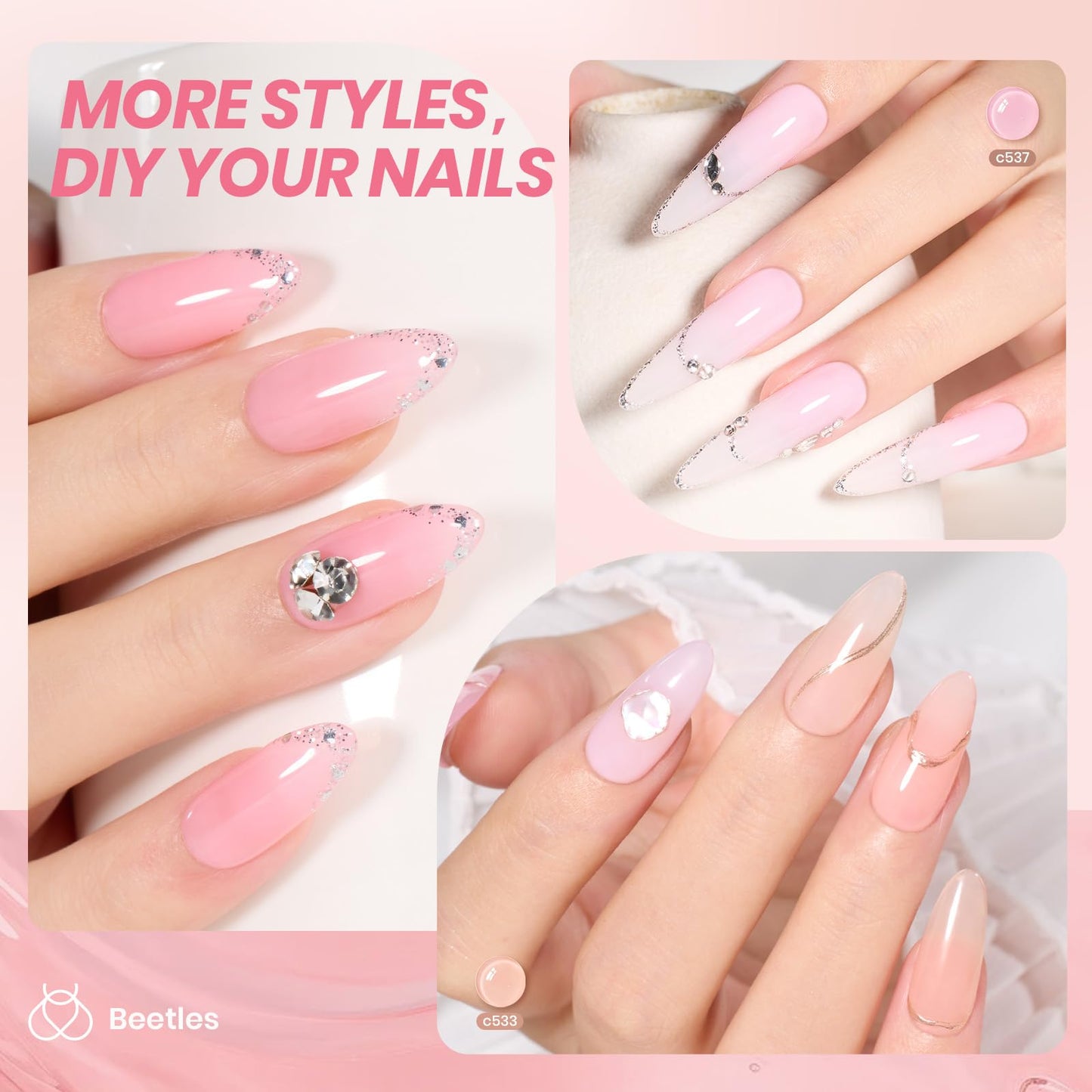 Beetles Milky White Press On Nails Short Squoval, 32pcs 16 Sizes, Soft Gel, Glue and Tabs, HEMA and TPO Free & Jelly Gel Nail Polish Set 6 Colors, Milky Pink Nude, Sheer Transparent, Soak Off UV, DIY
