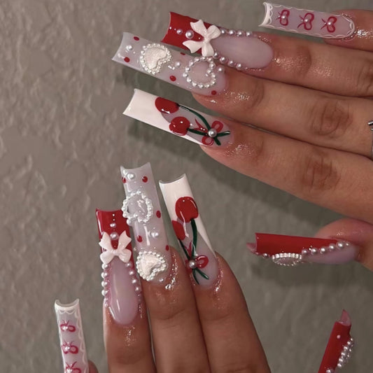 BABALAL Long Square Press on Nails, Red French Tip Heart Bow Charm Cute Cherry Glossy Acrylic Nails Squoval Glue on Nails 24 Pieces