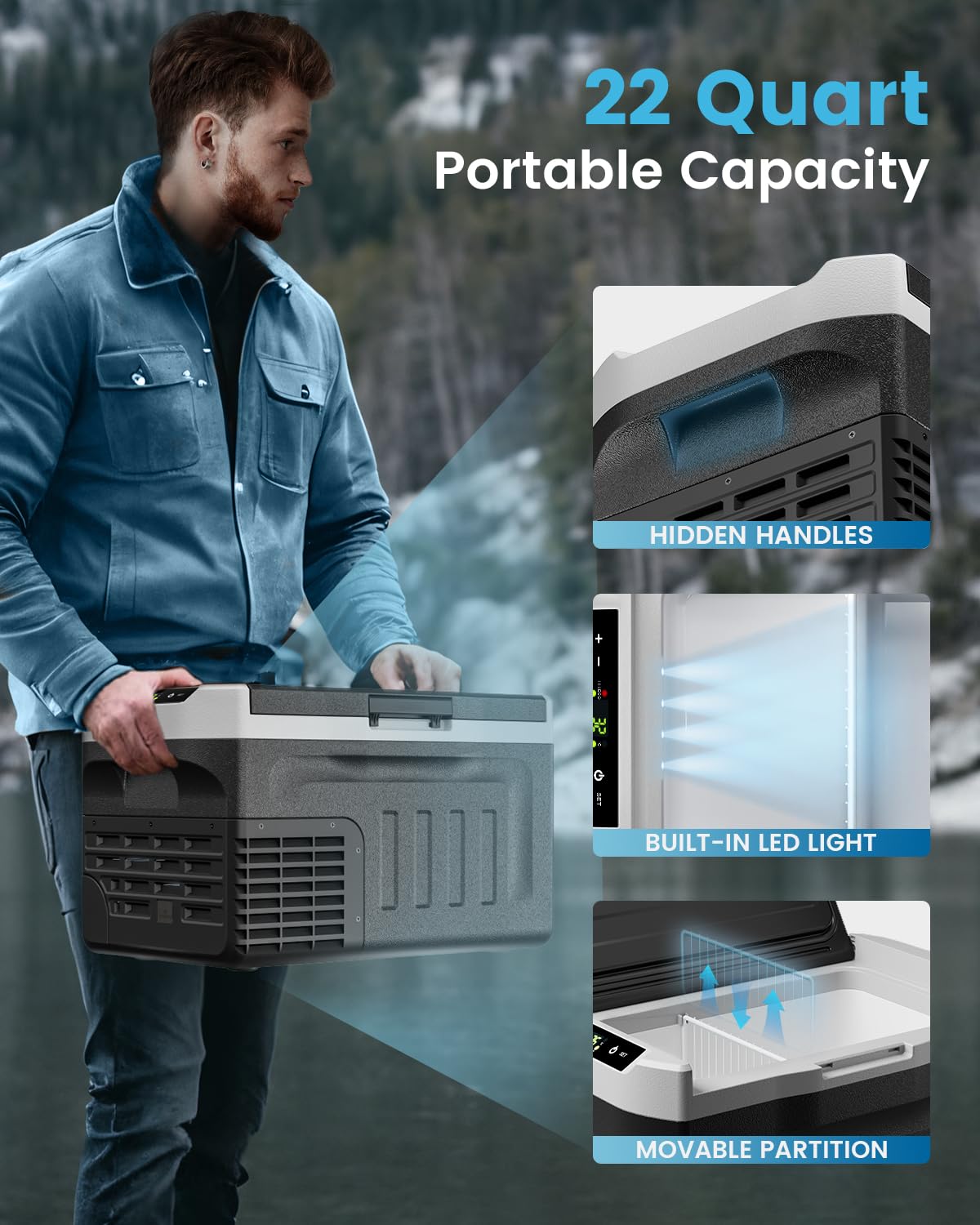 Feelfunn Car Fridge Portable 12 Volt Refrigerator - 22QT(21L) Electric Cooler 12/24V DC&110-240V AC, Fast Cooling Portable Freezer for Camping Travel Outdoor Truck RV SUV, -4~68°F