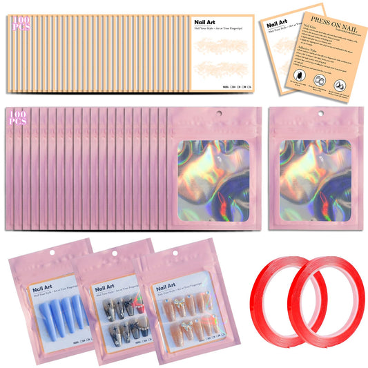 202pcs Press on Nail Packaging Bag, 100pcs Empty Holographic Nail Storage Bag and 100pcs Instruction&Display Black Cardboard with 2 Roll Transparent Tape for Nail Display Profession Salon(Pink, 100)